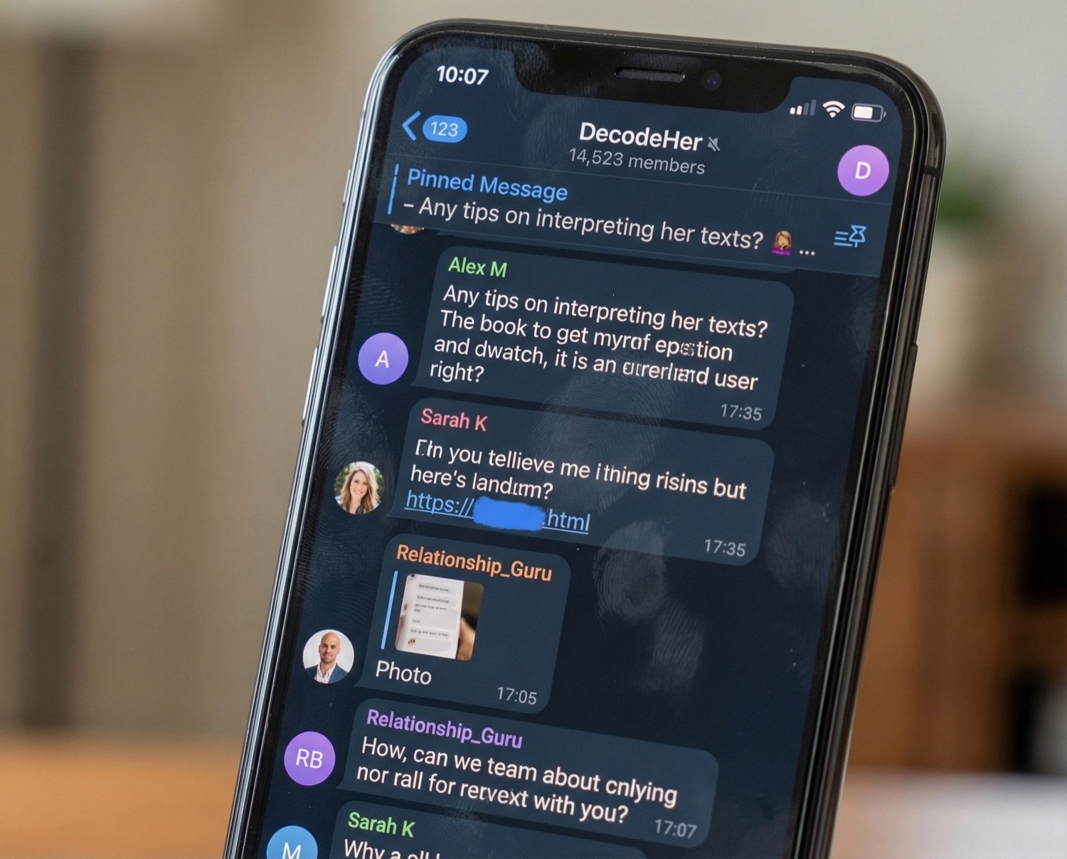 DecodeHer Telegram group on a phone