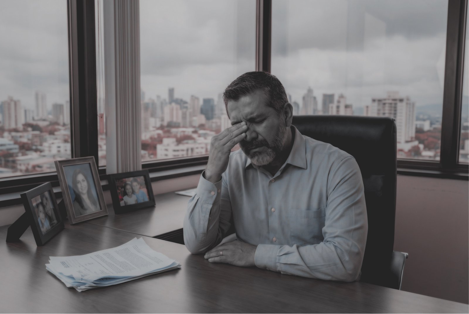 A man reflecting privately at his desk