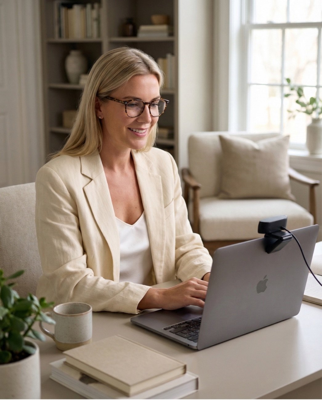 A woman leading a private online call